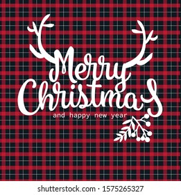 The christmas poster has a red cell background. Beautiful white lettering "Merry Christmas and Happy New Year". Deer horns on top. Christmas plants nearby.