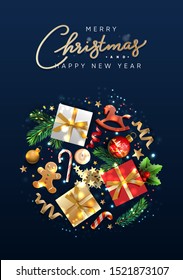 Christmas poster with holiday objects. Merry Christmas and happy new year. Background with gift box and balls design. Postcard with candy, candles and fir branches. Vector illustration