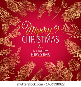Christmas Poster - Illustration. Vector illustration of Christmas red Background with golden branches of christmas tree.