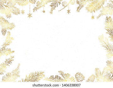 Christmas Poster - Illustration. Vector illustration of Christmas white Background with golden branches of christmas tree.
