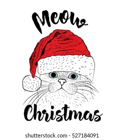 The christmas poster with the image cat portrait in Santa's hat. Vector illustration.
