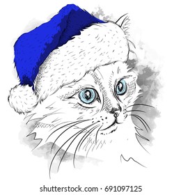 The christmas poster with the image cat portrait in Santa's hat. Vector illustration.