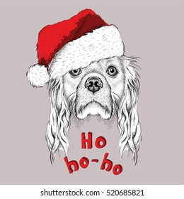 The christmas poster with the image Cocker portrait in Santa's hat. Vector illustration.