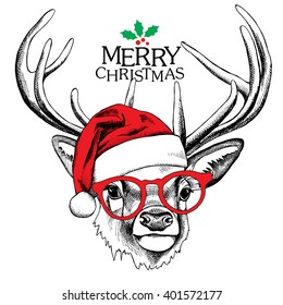 Christmas poster with image of a deer portrait in red Santa's hat. Vector illustration.