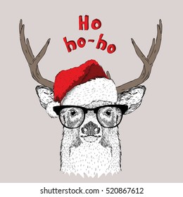 The christmas poster with the image deer portrait in Santa's hat. Vector illustration.