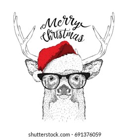 The christmas poster with the image deer portrait in Santa's hat. Vector illustration.