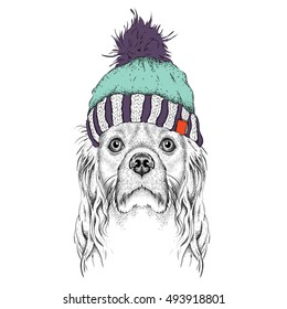 The christmas poster with the image dog portrait in winter hat. Vector illustration.