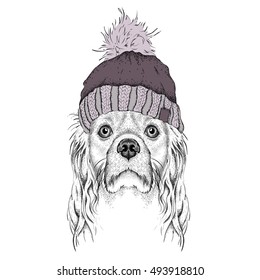 The christmas poster with the image dog portrait in winter hat. Vector illustration.