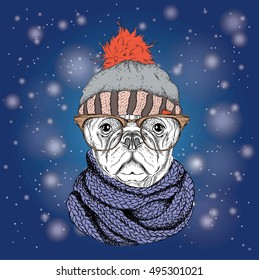 The christmas poster with the image dog portrait in winter hat. Vector illustration.
