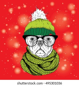 The christmas poster with the image dog portrait in winter hat. Vector illustration.