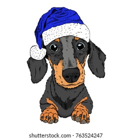 The Christmas poster with the image dog portrait in Santa's hat. Vector illustration.