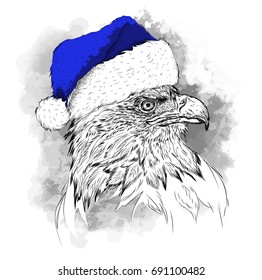 The christmas poster with the image eagle portrait in Santa's hat. Hand draw vector illustration.
