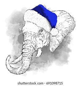 The christmas poster with the image elephant, portrait in Santa's hat. Vector illustration.