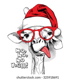 Christmas poster with image of a giraffe portrait in red Santa's hat and glasses. Vector illustration.