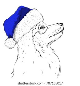 The christmas poster with the image husky portrait in Santa's hat. Hand draw vector illustration.