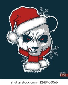The christmas poster with the image panda portrait in Santa's hat. Hand draw vector illustration