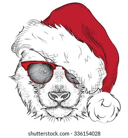 The christmas poster with the image panda portrait in Santa's hat. Hand draw vector illustration.