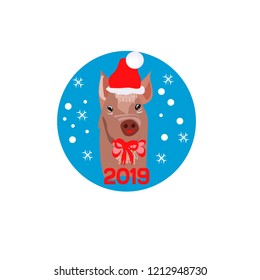 Christmas poster with image a pig portrait in Santa s hat and with red bow. Vector illustration.