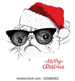 The christmas poster with the image pug portrait in Santa's hat. Vector illustration.