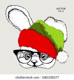 The christmas poster with the image rabbit portrait in Santa's hat. Hand draw vector illustration.