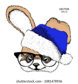 The christmas poster with the image rabbit portrait in Santa's hat. Hand draw vector illustration.