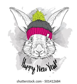 The christmas poster with the image rabbit portrait in winter hat. Vector illustration.