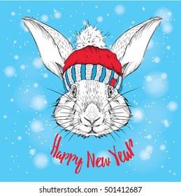 The christmas poster with the image rabbit portrait in winter hat. Vector illustration.