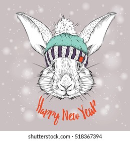 The christmas poster with the image rabbit portrait in winter hat. Vector illustration.