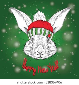 The christmas poster with the image rabbit portrait in winter hat. Vector illustration.