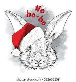 The christmas poster with the image rabbit portrait in Santa's hat. Hand draw vector illustration.