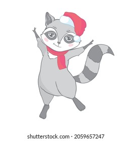 The christmas poster with the image raccoon portrait in Santa's hat. Hand draw vector illustration.