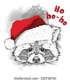 The christmas poster with the image raccoon portrait in Santa's hat. Hand draw vector illustration.