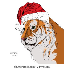 The christmas poster with the image tiger portrait in Santa's hat. Vector illustration.
