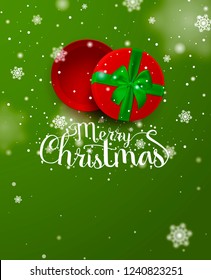 Christmas poster. Christmas inscription in the open red gift box with green ribbon and bow with falling snow isolated on green background. Vector Illustration. Template. Top view.