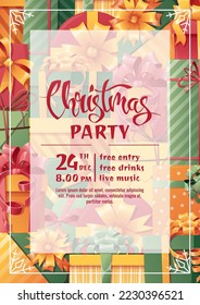 Afiche de Navidad, invitación con cajas de regalo con arcos. Fondo navideño festivo con decoración de invierno. Ilustración vectorial para banner, volante, tarjeta, invitación de fiesta