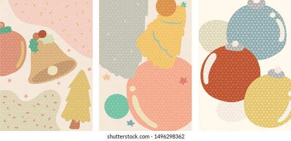 Christmas poster with Japanese pattern vector. Christmas tree, bell and ball elements.