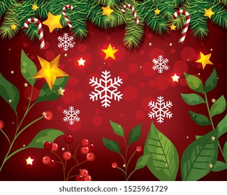 christmas poster with leafs and decoration vector illustration design