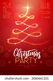 Christmas poster with magic golden Christmas tree and glowing shiny trail. Vector illustration