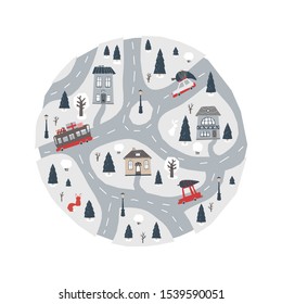 Christmas poster with a map of the winter village. Vector illustration with houses, mountains, trees, cars and animals in a simple Scandinavian style