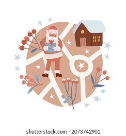 Christmas poster with a map of the winter village. Vector flat illustration with house, Santa Claus, berry and branches in a simple Scandinavian style. Round isolates shapes with streets and roads.