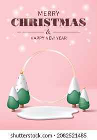 Christmas poster with melting snow, gold ring and Christmas tree on pastel pink background for product demonstration.  Vector illustration for product demonstration, flyer, advertisement.