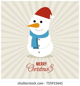 Christmas Poster. Merry Christmas. Happy New Year. Christmas Poster with typography and Snowman on Sunrise Background