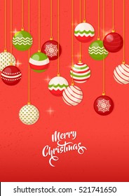 Christmas poster with merry christmas lettering and christmas hanging ball background