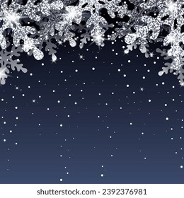 Christmas poster mockup. Silver snowflakes falling, wallpaper. Copy space. Dark blue background. Vector