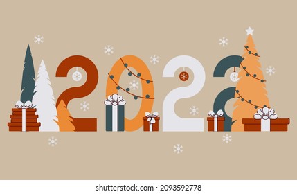Christmas poster with numbers of the year 2022. Christmas tree, gifts and balls in flat style. Vector illustration