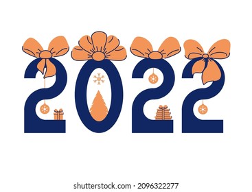 Christmas poster with numbers of the year 2022. Christmas tree, gifts and balls in flat style. Vector illustration