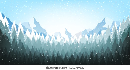 Christmas poster on blue background with snow and tree. Happy New Year message. Vector illustration.