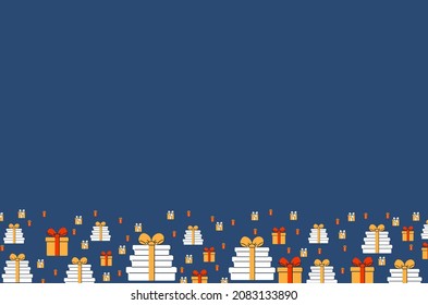 Christmas poster with an ornament of gifts. New year greeting and sales design with place for text. Vector illustration