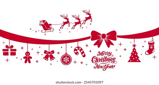 Christmas poster or packaging. Santa Claus on a sleigh with reindeer on the background of hanging Christmas decorations and garlands. Hand lettering Merry Christmas and Happy New Year.