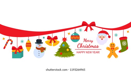 Christmas poster or packaging. Traditional hanging Christmas decorations and garlands - Santa, gift, snowman, Christmas ball, gingerbread. flat vector illustration isolated on white background